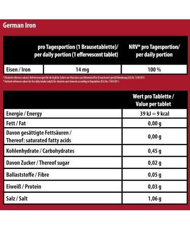 German Iron Effervescent Tablets - Sugar-Free Vegan 14mg Iron Cherry Flavor - 60 Pieces | T&D Pharma - Buy Online on GoSupps.com