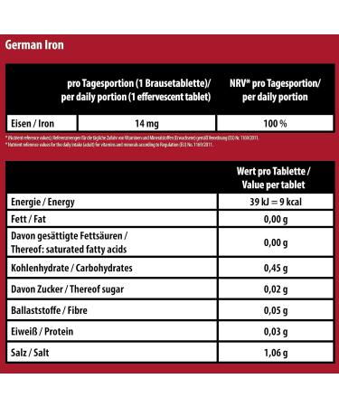 Iron Effervescent Tablets - 5x20 Cherry Flavor 14mg Sugar-Free Iron - T&D Pharma Germany - 100 Pack - Buy Online on GoSupps.com