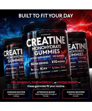 Creatine Monohydrate Gummies Complex 5000 MG for Men & Women, Preworkout Gummy with BCAA, L-Carnitine, Taurine & Vitamin B12 for Muscle Growth, Strength & Energy Support , Flavored and Chewable - Buy Online on GoSupps.com