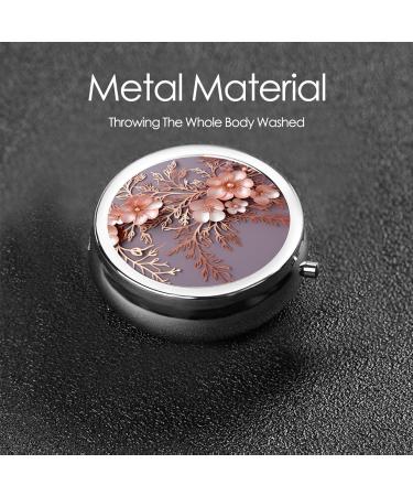 Rose Gold Floral Print Pill Box - Elegant 3 Compartment Metal Organizer for Travel & Pocket - Stylish Mini Medicine Storage Case with Mirror - Buy Online on GoSupps.com