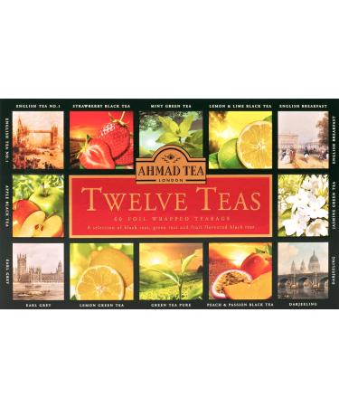 Ahmad Tea Twelve Teas - Assortiment de 12 types de th noir et de th vert aux saveurs diff rentes - 60 sachets de th emball s individuellement scell s avec ar me et avec ruban 120g de th