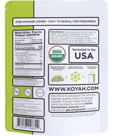 KOYAH - Organic Broccoli Sprout Powder (1 Scoop 1/4 Cup Sprouts): 36 Servings Freeze-dried Tested for Active Myrosinase and Glucoraphanin (Sulforaphane Glucosinolate) - Buy Online on GoSupps.com