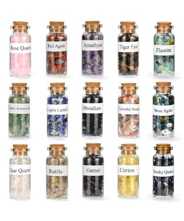 15Pcs Crystals Gemstone Bottles Set Healing Crystal Tumbled Stones Collection Kit Natural Quartz Gravel Wishing Bottle Reiki Healing Meditation DIY Decorations 15 Colors