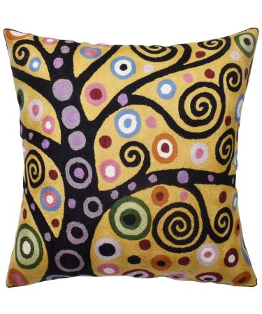Kashmir Designs Tree of Life Pillow Cover | Yellow Gold Floral Pillowcase | Flower Accent Pillows |Suzani Cushions | Flower Pillow | Modern Floral Cushion | Hand embroidered Cushions Wool Size - 18x18