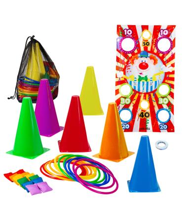 New-Bounce Ring Toss Games for Kids - 4 in 1 Outdoor Carnival Games - Toss Ring Set Includes Rings, Bean Bags, Cones, and Target Poster