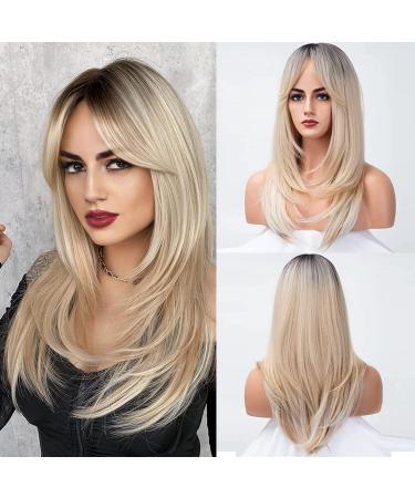 BESTUNG Ombre Blonde Layered Synthetic Wig With Dark Roots For Women Girl's Natural Looking Wig at Party 20inch