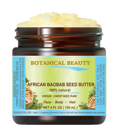 Botanical Beauty BAOBAB OIL BUTTER. 100% Natural RAW VIRGIN UNREFINED Cold Pressed for Face Skin Damaged Hair Lips Nails 4 Fl. oz. - 120 ml. Rich in Vitamin C 4 Ounce (Pack of 1)