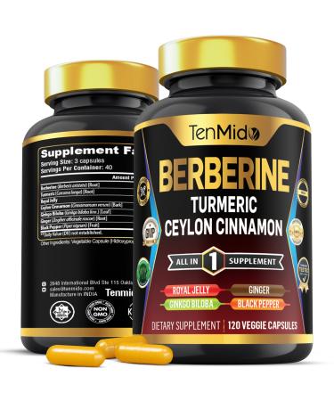 Tenmido Berberine Supplement - 7in1 Formula - Combine with Turmeric Royal Jelly Ceylon Cinnamon Ginkgo Biloba Ginger & Black Pepper - Digestive Health Immune Support - 120 Capsules