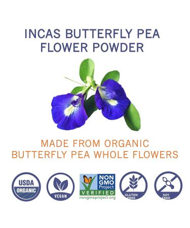 Incas USDA Organic Butterfly Pea Flower Powder - Non-GMO Blue Matcha Tea & Food Coloring from Thailand | Vegan - Buy Online on GoSupps.com