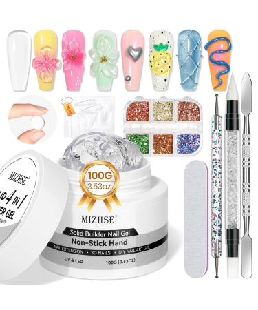 MIZHSE 100g Solid Builder Gel for Nails Large Capacity Clear Hard Gel for Nails 3D Sculpting Gel for Nail Art Gel U V LED Nail Builder Gel Kit with 3D Silicone Pen for Nail Salon Home DIY A-Clear