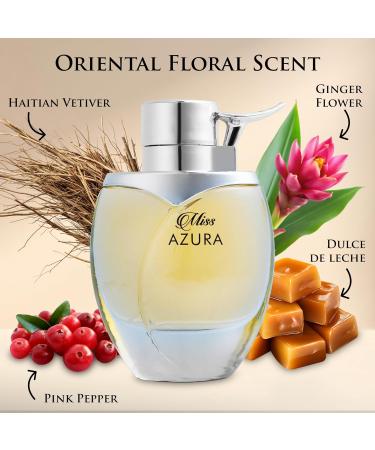 Miss Azura - Top Notes of Ginger Flower Orange Blossom Pink Pepper & Pomegranate - Middle Scent of Dulce de Leche & Datura - Base of Tonka Bean Patchouli & Haitian Vetiver - Elegant 100ml Bottle - Buy Online on GoSupps.com