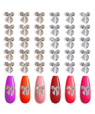 XEAOHESY 30 Pieces Gold and Silver Alloy Bow Charms for Nails Bow Nail Charms Gems Bowknot Nail Studs Inlaid Clear Rhinestone for Women Girls Nail Art Bow Nail Charms-01