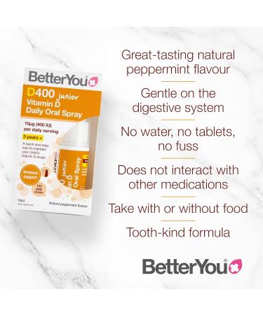 BetterYou Vitamin D 400 IU Junior Oral Spray 3-month Supply | UK-Made Peppermint Flavour D3 Supplement for Kids | 15ml - Buy Online on GoSupps.com