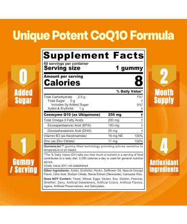 Sugar-Free CoQ10 Gummies 250mg - Vegan Heart Health Supplement with Omega-3 Vitamin B3 & Zinc - 60 Count 2-Month Supply - Buy Online on GoSupps.com