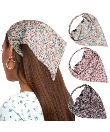 AWAYTR Floral Elastic Hair Scarf Headband 3PCS Chiffon Head Kerchief Headband Floral Hair Scarves W/Hair Clips Hair Bandanas Pink/Beige/Red