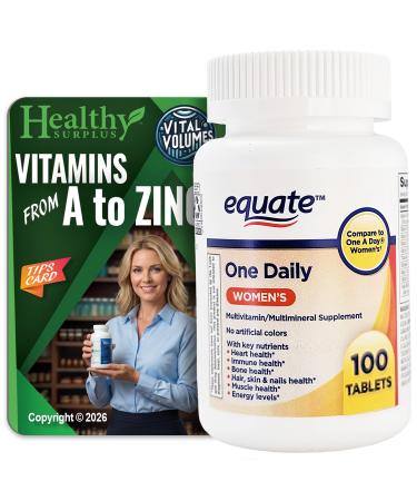 Healthy Surplus Equate One Daily Women's Multivitamin/Multimineral Supplement 100 Tablets and Vital Volumes Vitams from A to Zince Tips Card Bundle