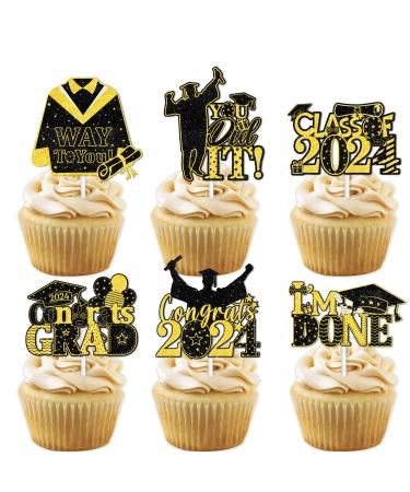 18pcs Black Gold Glitter Way to You You Did It I am Done Dessert Cupcake Topper Congrats Grad 2024 Theme Decorations 2024 Preschool High School College Graduation Party Decor Supplies