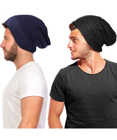 2 Pieces Silk Satin Bonnet for Mens with Natural Curly Wave Hair (Black  Navy Blue)