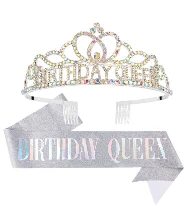 CAVETEE AB Silver Birthday Crowns for Women Birthday Queen Sash and Tiara for Women Silver Birthday Party Decorations for Women Birthday Sash and Crown for Women