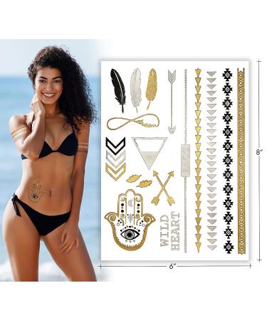 Gold Metallic Henna Temporary Tattoos - 75+ Mandala, Feathers, Dream Catcher, Arrows - Waterproof, Long Lasting for Beach, Festivals, Parties - Buy Online on GoSupps.com