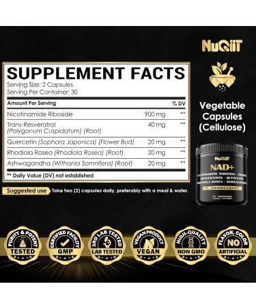 NAD+ Supplement with Nicotinamide Riboside Resveratrol Quercetin Turmeric Rhodiola Rosea - 60 Count - Buy Online on GoSupps.com