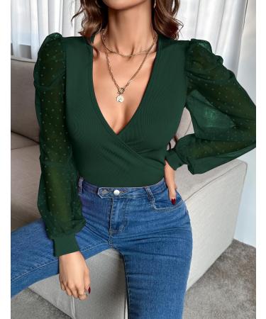 Fayenne Womens Tops Deep V Neck Cross Wrap Sexy Tops Polka Dot Mesh Long Sleeve T Shirt Casual Blouses S Dark Green - Buy Online on GoSupps.com