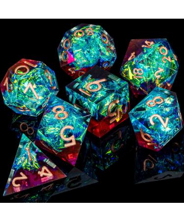 ARUOHHA Sharp Edges Dice Set DND Resin Lightning D&D Dice with Box, Translucent Polyhedral Dice Dungeons and Dragons RPG Role Playing Games Handmade Inclusion D and D Dice Set D20 D12 D10 D8 D6 D4 Green & Blue & Red