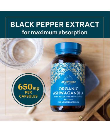 Ayurvediq Wellness Ashwagandha Organic Capsules 120ct with Black Pepper Extract | Herbal Supplement for Vitamins, Iron, Protein | Gluten-Free, Dairy-Free, Vegan | Ayurveda Products - Buy Online on GoSupps.com