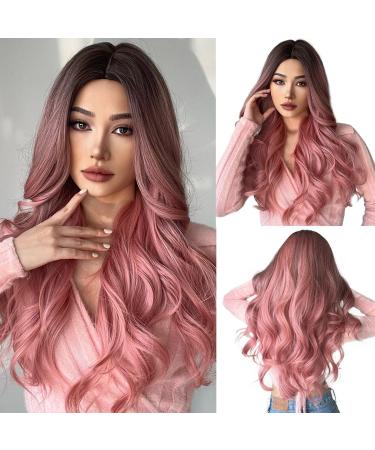 Esmee Synthetic Wigs Ombre Pink Long Wavy Hair Wigs for Women Heat Resistant Fiber Middle Part Cosplay Wigs 24inch