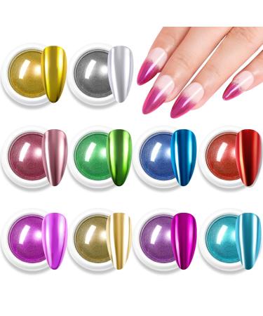 Makartt Chrome Nail Powder Kit 10 Colors Metallic Chrome Powder Mirror Effect Iridescent Powders Nail Chrome Powder Pigment for Nail Art Decoration Manicure Pedicure Use(0.5g/Jar) 10 Metallic colors