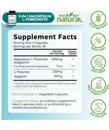Magnesium L-Threonate Complex with Apigenin and L-theanine 90 Capsules Patented Magtein Supplement - Buy Online on GoSupps.com