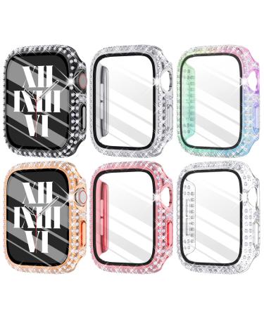 Fullife 6-Pack Crystal Diamond Bling Cases Compatible with Apple Watch 40mm Protective Bumper with Tempered Glass Protector for iWatch Series 6 5 4 SE 6 Colors Silver/RoseGold/Pink/Black/Iridescent/Clear 40mm