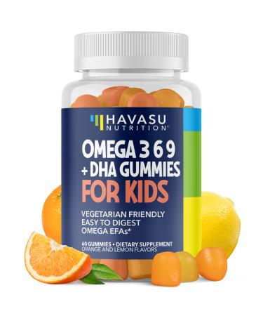 Omega 3 6 9 + DHA Gummies for Kids - Vegetarian Plant-Based Fish Oil with DHA and EPA for Children 2+ to Support Body and Brain Development - No Fishy Taste - Lemon and Orange Flavors - 60 Count