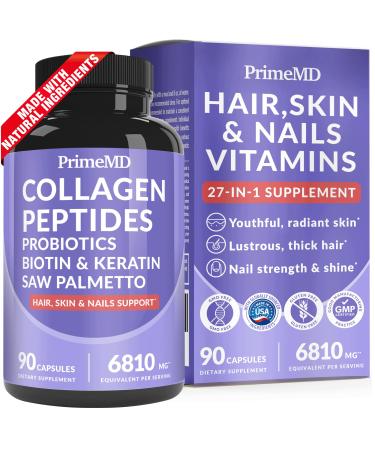 27-in-1 Hair Skin and Nails Vitamins (6810mg) with Biotin 10000mcg - Collagen Supplements for Men and Women - Keratin Supplements with Probiotics and Saw Palmetto, 90ct 90 Count (Pack of 1)