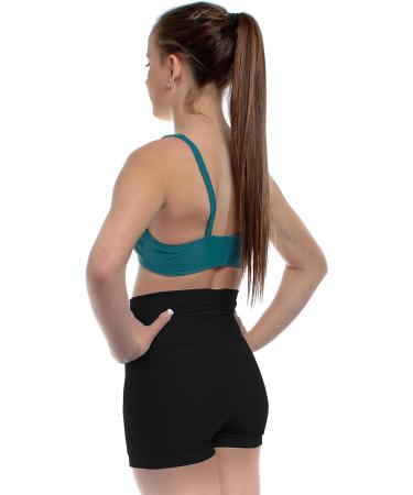 B Dancewear Girls High Waisted Dance Shorts - Medium Black | Fold Over Band, Stretch Fabric | Child & Kid Sizes Available - Buy Online on GoSupps.com