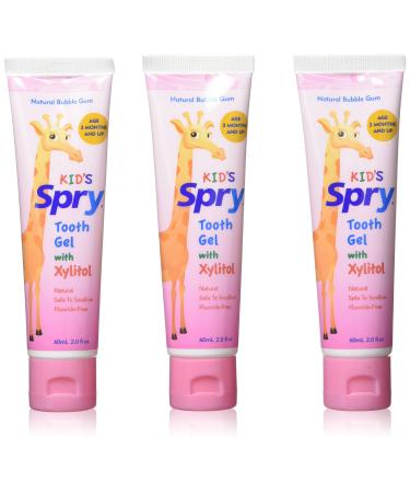 Spry Xylitol Baby Toothpaste Natural Toddler Toothpaste Fluoride Free Toothpaste for Kids Xylitol Toothpaste for Kids Age 3 Months and Up Tooth Gel Bubble Gum 2 Fl Oz (Pack of 3)