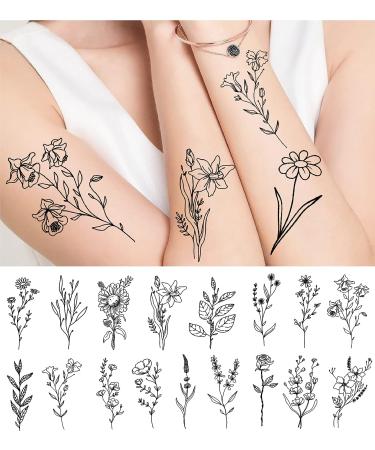 YAKAGO 16 Sheets Black Small Flower Temporary Tattoos for Women | 74 Styles Tiny Branch Fake Tattoos | Floral Bouquet Design for Neck, Finger, Hand, Arm | Sunflower, Dandelion, Lily, Lavender, Rose Tattoo - Buy Online on GoSupps.com