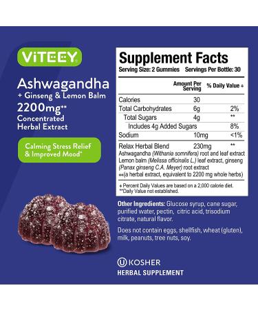 Extra Strength Ashwagandha Gummies 2200mg with Ginseng & Lemon Balm for Anxiety Relief - Vegan Sleep Aid & Stress Support Gummy Chews - Buy Online on GoSupps.com