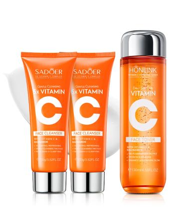5X Vitamin C Face Cleanser 100g Niacinamide & Hyaluronic Acid Gentle Pore Refining Daily Wash for Oily &Dull Skin Clear Oil Balancing Popular Skincare Gift Women (2 Face Cleanser + 1 Toner)