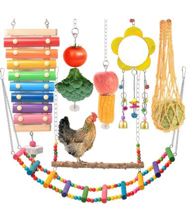 KAKUNM Chicken Toys for Coop 7PCS | Chicken Xylophone | Chicken Swing Set | Chicken Mirror Toy | Chicken Flexible Ladder | Chicken Vegetable String Bag and Hanging Feeder