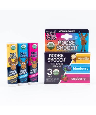 Mad Gab's USDA Organic Assorted Moose Smooch Lip Balm Gift Set  Blueberry  Raspberry  Vanilla