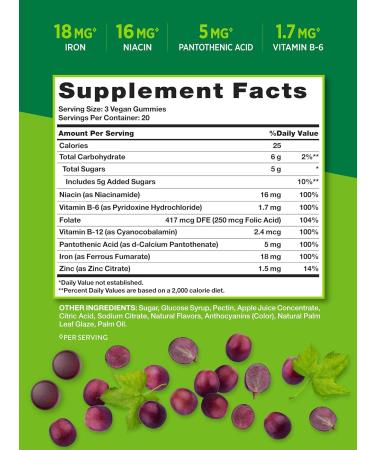 Iron Gummies 60ct Vegan Non-GMO & Gluten-Free Supplement with B Vitamins & Zinc Grape Flavor by Natures Truth - Buy Online on GoSupps.com