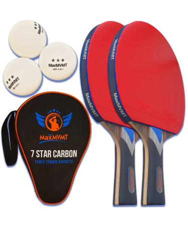 MaxMVMT Ping Pong Paddle Set of 2 - Carbon Fiber 7 Ply Rackets - 2 Wristbands - 3 Balls - Premium ITTF Approved Rubber - Complete 2 Player Table Tennis Setup - Protective Carry Case