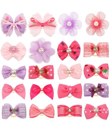 20 Pcs Small Dog Bows Cute Dog Hair Bows Grooming Bows with Rubber Bands Handmade Dog Hair Accessories Puppy Bows with Rhinestones Pearls Rose Pink Purple for Puppy Pet Dog