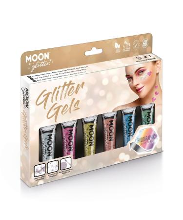 Holographic face & body glitter gel from Moon Glitter - 12ml - glitter facial color - gift set with 6 gels - silver pink gold rose gold blue and green