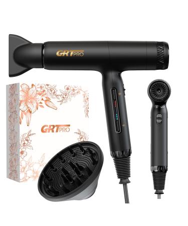 GRT PRO Hair dryer ion hairdryer 2200 W EC motor hair dryer 110000 rpm 320 g travel hair dryer ion hair dryer 200 million ionic hair dryer with diffuser 3 speeds 4 heat settings thermocontrol for hair salon home travel Black
