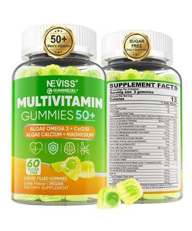 Multivitamin for Men 50 + Plus, Sugar Free Men Multivitamins Gummies w/Omega-3, Coq10, D3k2, Calcium, Magnesium, Zinc, Vitamins A, C & E, Mens Vitamins for  , Antioxidant, Brain, Bone, 60cts