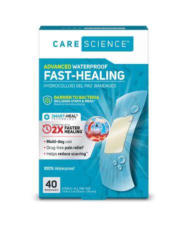 Care Science Fast-Healing Waterproof Hydrocolloid Gel Pad Bandages  0.75 in x 3 in  40 ct | 100% Waterproof Seal  2X Faster Healing  Barrier to Bacteria  for Blisters or Wound Care 40 Count (Pack of 1)