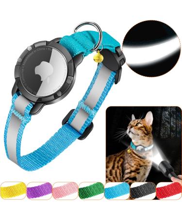 Cat Collar - Reflective AirTag Cat Collar with Bell Domiphie Cat Collar Airtag with Waterproof AirTag Holder Cat Tracker GPS Collar for Small Pets Kittens Puppies (Blue S) Blue 02 S(23-33cm)