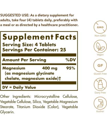 Solgar Chelated Magnesium Tablets - Supports Nerve & Muscle Function - Promotes Healthy Bones - Non-GMO Vegan Dairy Free - 100 Tablets - Buy Online on GoSupps.com